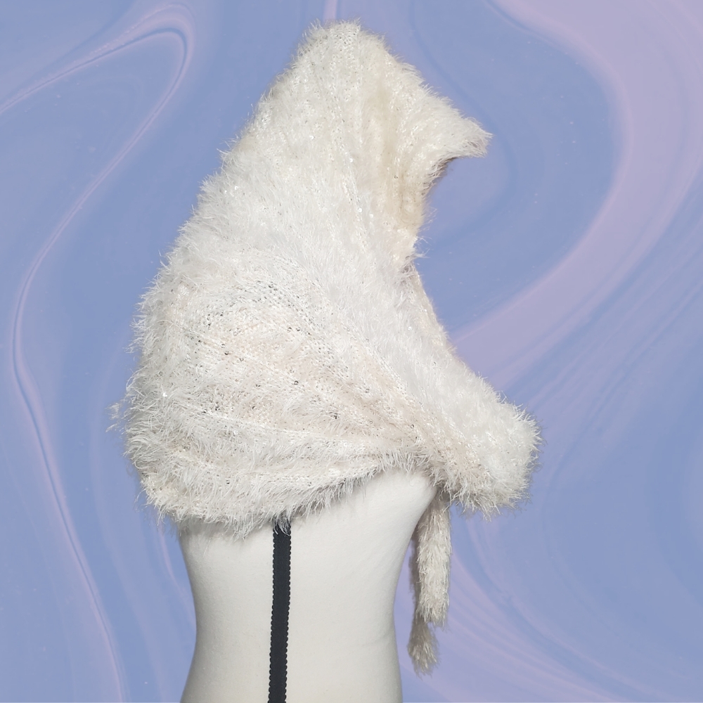 Sparkly Modular Sequined Cream Faux Fur Scarf + Hood + Balaclava in Medium Large
